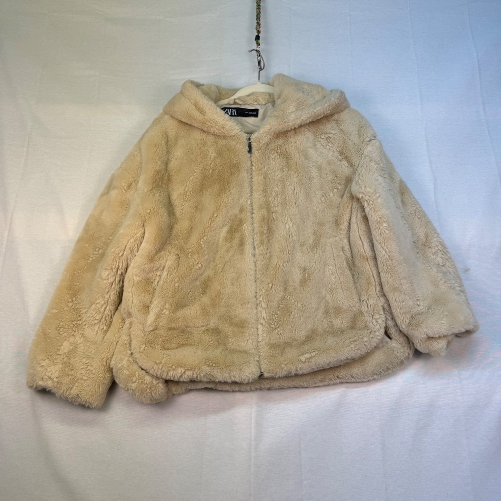 Zara Womens Faux Fur Hooded Jacket Beige Cream Full Zip Size Small